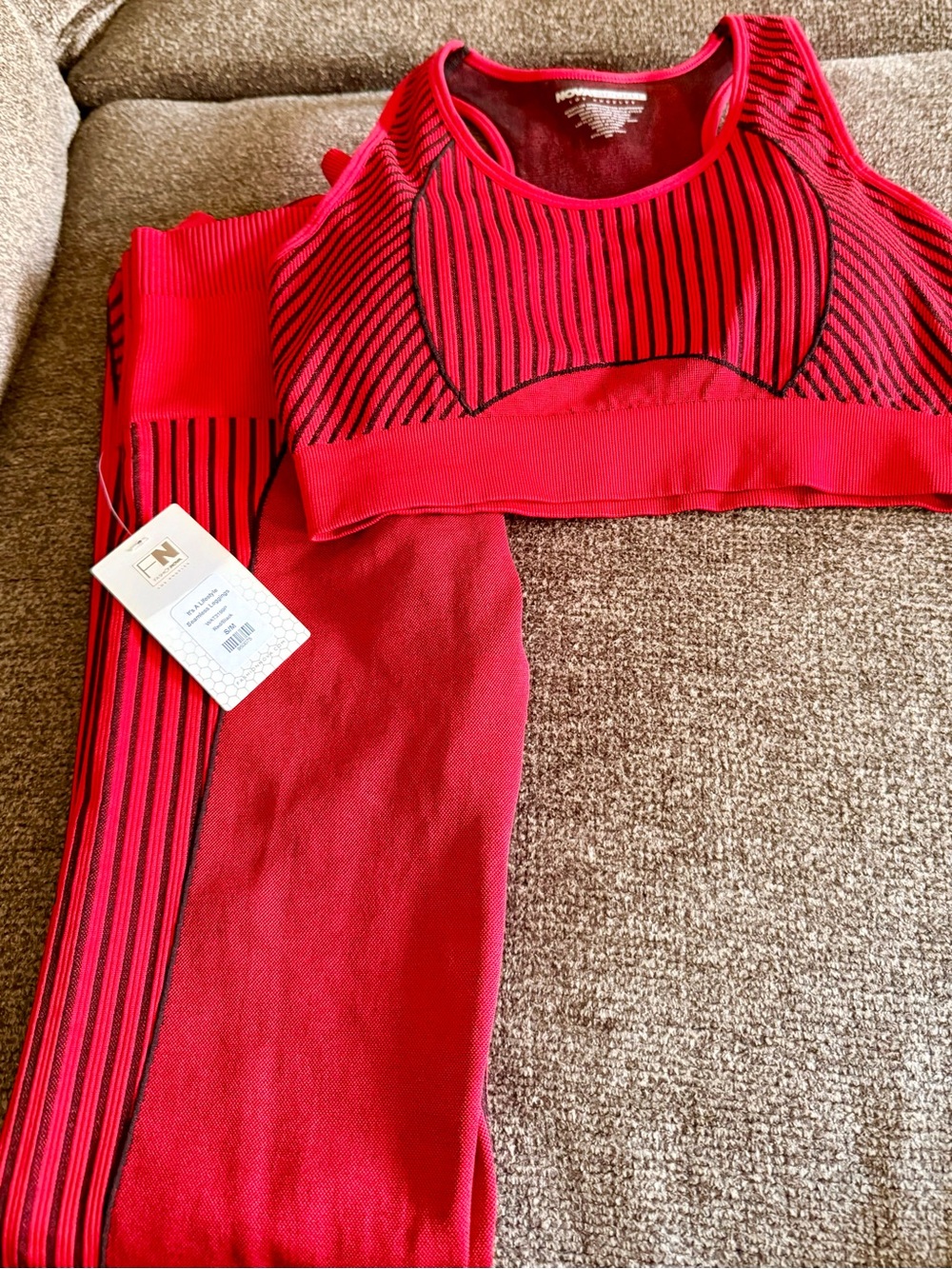 Fashion Nova NEW Seamless Red & Black Striped Sports Bra and Legging Set Women